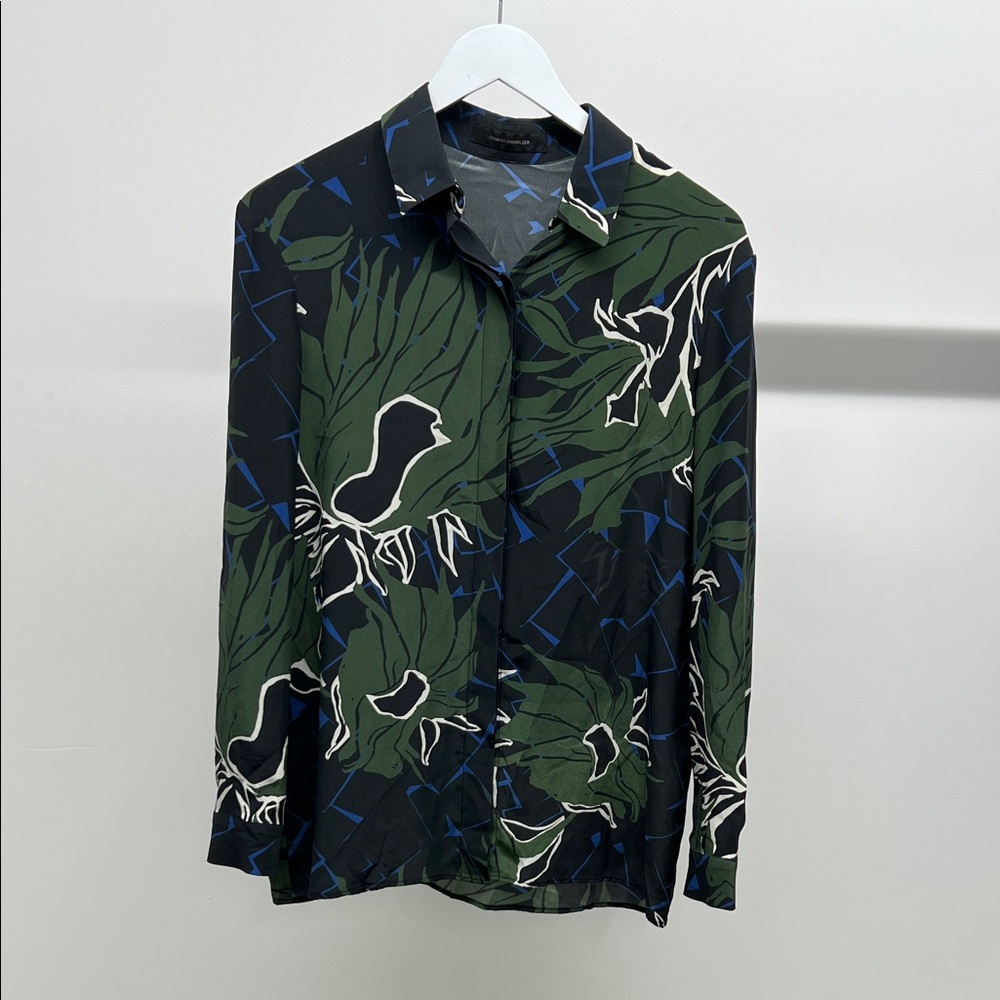 100% Silk Green and Black Patterned Button Down Shirt
